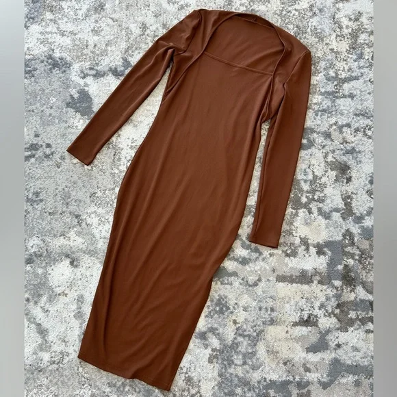 brown square neck midi dress Square Neck Ruched Slit Midi Dress in Brown